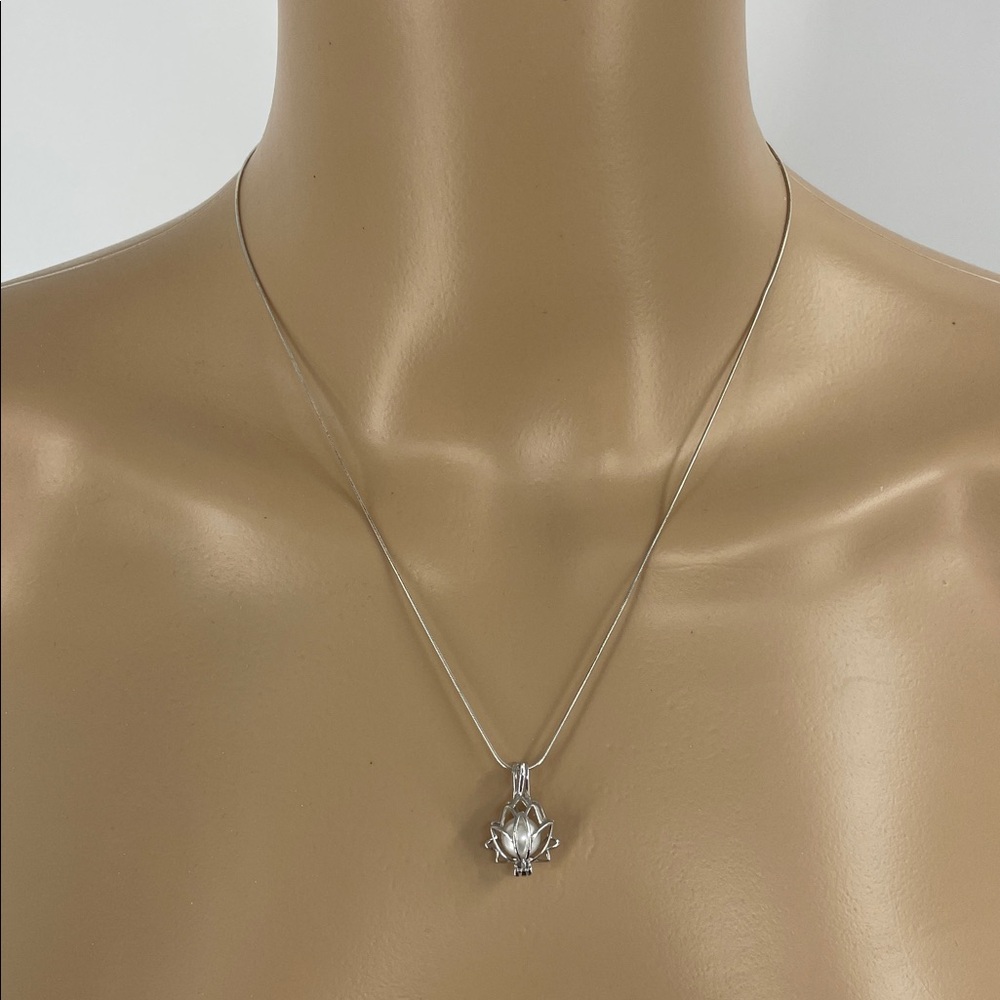 Lotus Flower White Pearl Cage Pendant + Necklace Boho